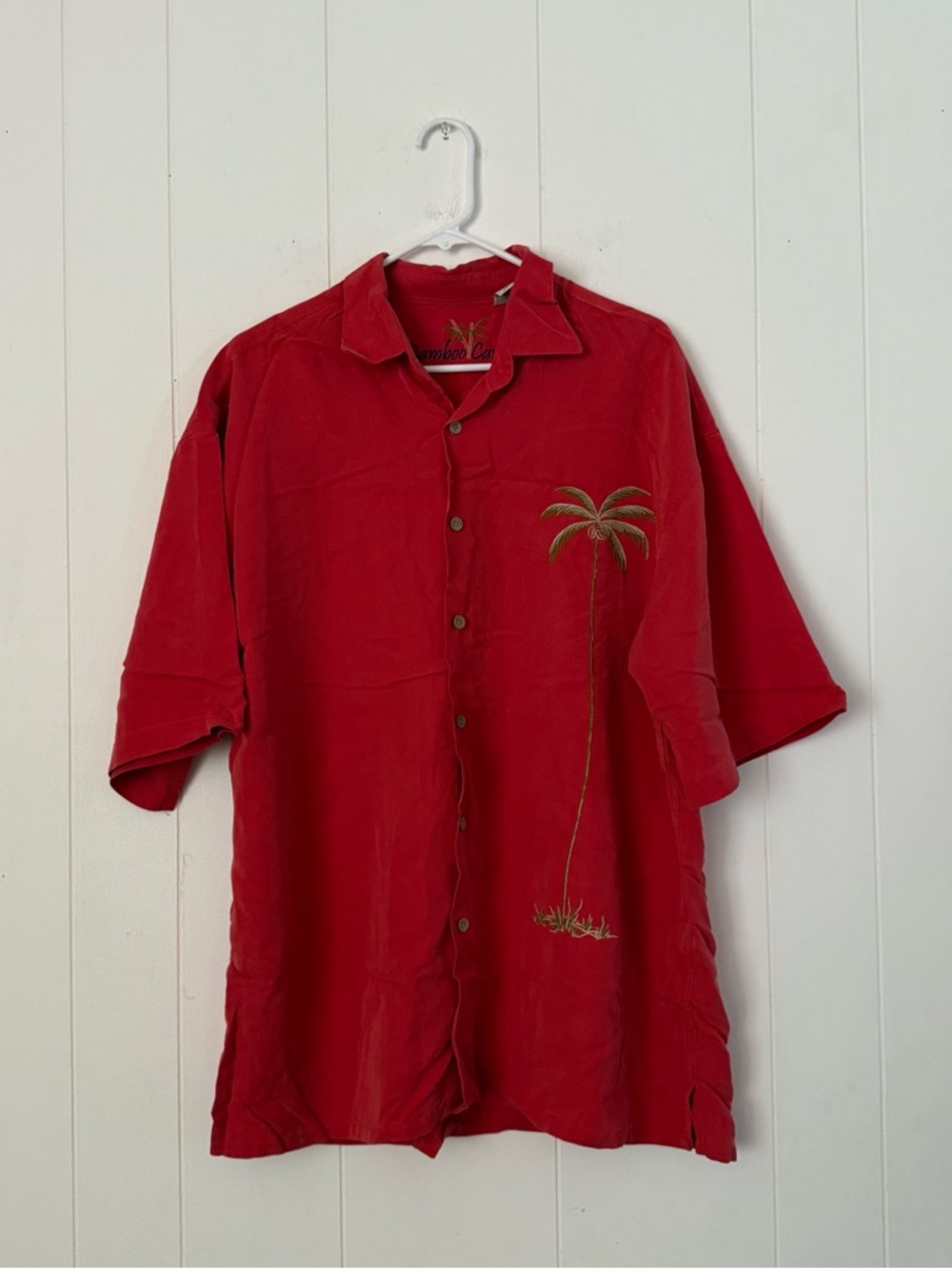 Bamboo Cay Men's Red Short-Sleeve Button-Down Shirt with Palm Embroidery XL